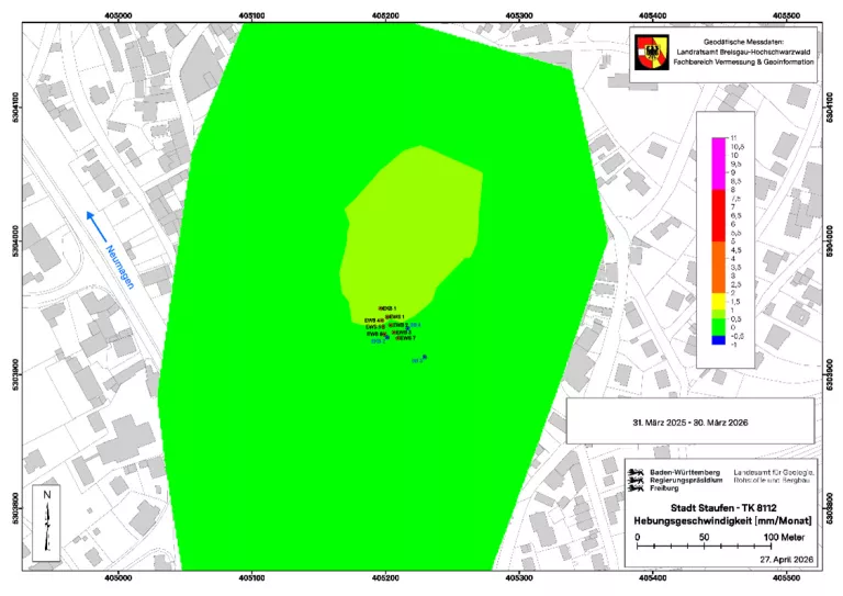 Die Grafik zeigt einen Lageplan der Altstadt von Staufen mit zwei grünen Flächen. Diese Flächen zeigen Bereiche mit Hebungsbeträge bis 0,5 mm/Monat und 0,5 bis 1 mm/Monat im Zeitraum 2025/2026 auf Grundlage geodätischer Vermessungen an. 