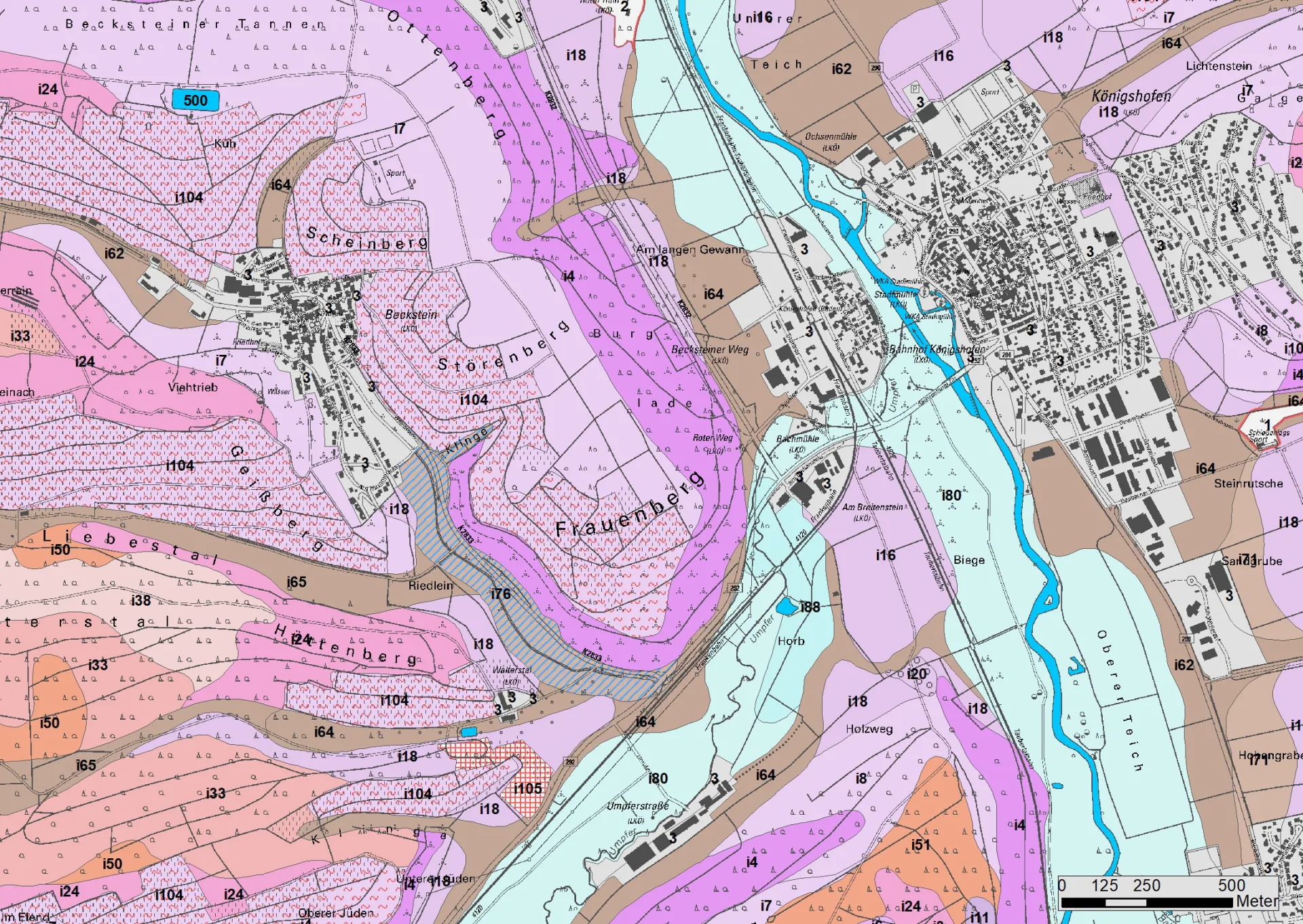 Blick auf eine farbige Landkarte, welche die Bodengesellschaften beiderseits des Taubertals bei Königshofen darstellt