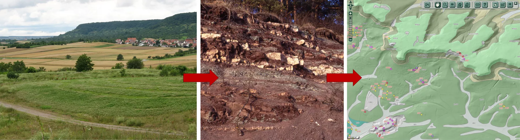 Landschaftsfoto (Links), Aufschluss (Mitte), geologischen Karte (Rechts).