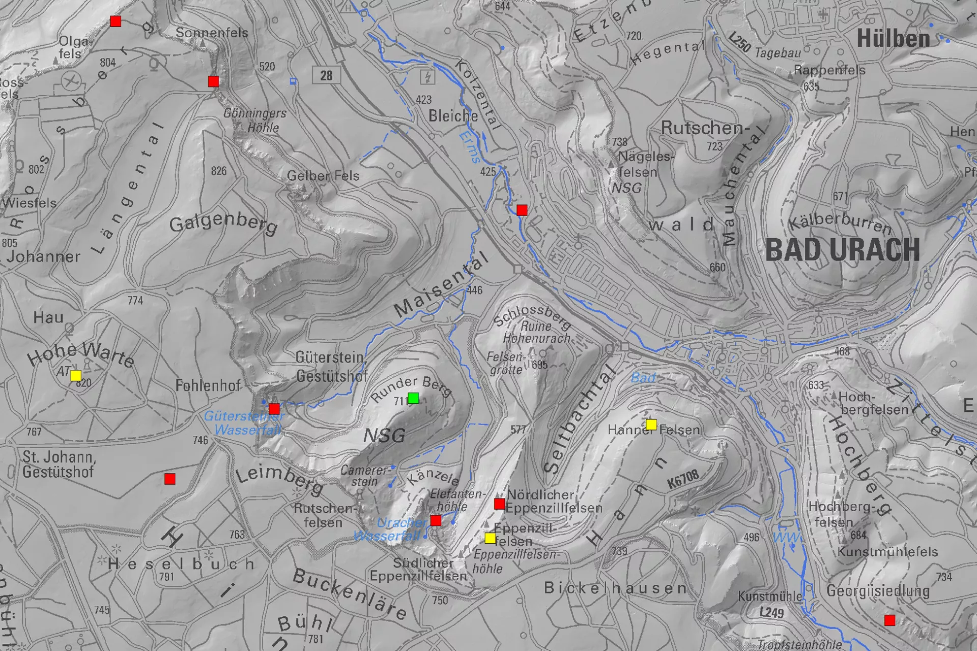 Topographische Karte und Reliefdarstellung vom Gebiet um Bad Urach. Es sind mehrere quadratische Symbole in verschiedenen Farben eingetragen. 