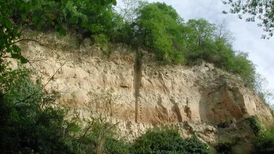 Blick auf eine hellbraune Lösswand mit starkem Bewuchs an Fuß und Kuppe. In der Bildmitte ist eine vertikale Furche erkennbar, rechts bildet die Wand eine Art Erker. Auf der Oberfläche sind zudem drei dunklere Bänder erkennbar.