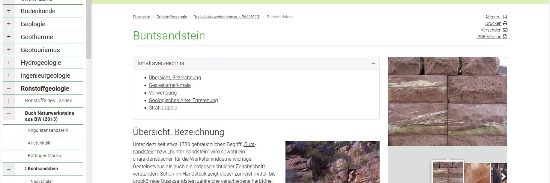 Bildschirmausschnitt aus LGRBwissen: Links Themenbaum, Mitte: Unterseite Stubensandstein mit Text, Foto und Grafik
