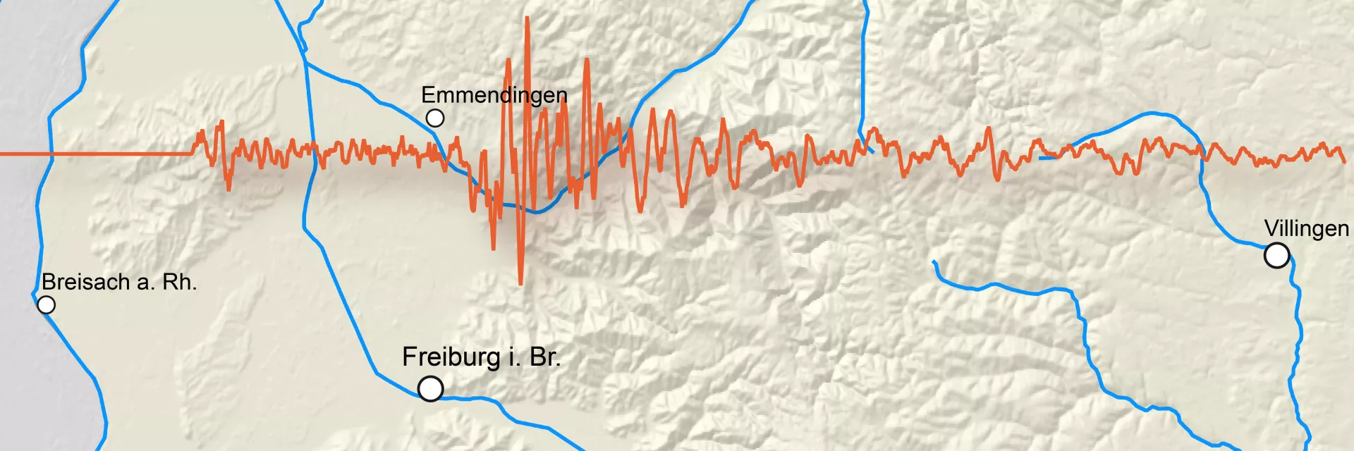 Kartenausschnitt mit Relief, Orten, Gewässer; darüber liegt ein Seismogramm in rot