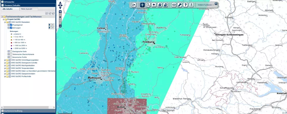Darstellung der Internetanwendung Geopotenziale des tieferen Untergrundes im Oberrheingraben (GeORG)
