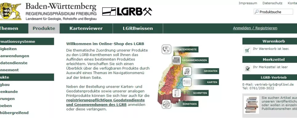 Darstellung der Startseite des LGRB-Shops