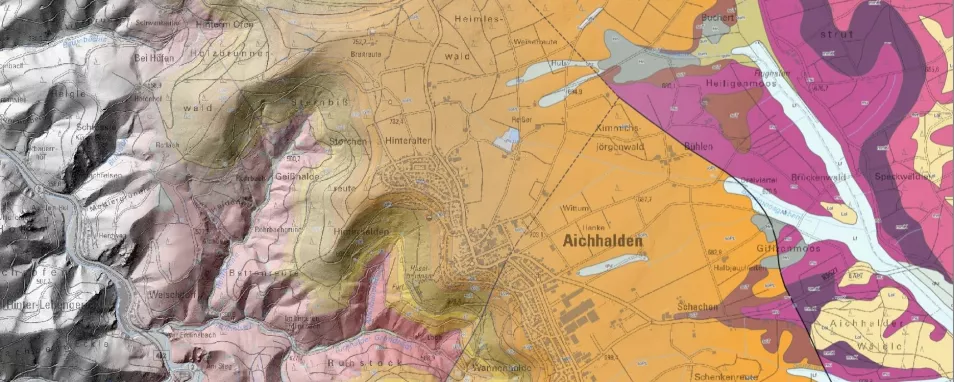 Von links nach rechts geht ein digitales Geländemodell über in eine geologische Karte