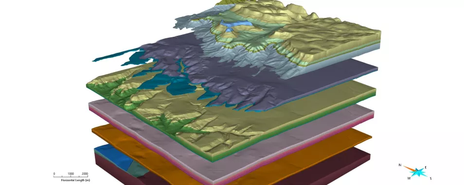 Quadratischer Ausschnitt eines 3D-Modells mit einer Kantenlänge von jeweils 12 km. Die geologischen  Formationen sind aufgetrennt und schweben im Raum.