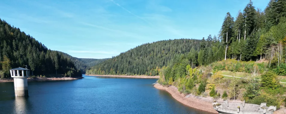 Blick auf eine dunkelblaue Wasserfläche im Vordergrund und bewaldete Hügel im Hintergrund vor hellblauem Himmel am oberen Bildrand. Technische Anlagen eines Stausees sind an beiden Bildrändern zu erkennen. Unbewachsene Uferböschungen zeigen den maximalen Aufstau des Sees an.