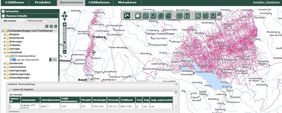 Das Bild zeigt ein Bildschirmfoto des LGRB Kartenviewers, in dem der Kartendienst mit den 2D-Seismikprofillinien sichtbar geschaltet worden ist. Ebenso ist die Attributtabelle mit den Informationen zu einer ausgewählten Seismik Linie sichtbar.