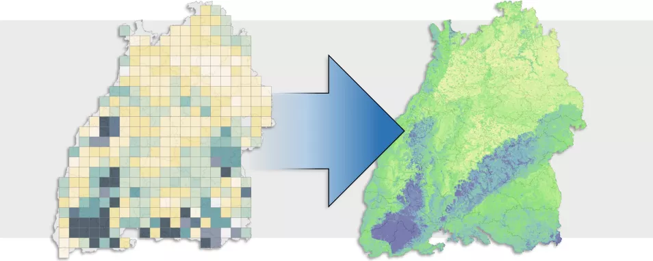 Die Grafik zeigt zweimal die Landesfläche von Baden-Württemberg, dazwischen ist ein dicker nach rechts weisender Pfeil. Auf der linken Karte sind viele kleine farbige Quadrate. Rechts sind die Farbverläufe fließender.